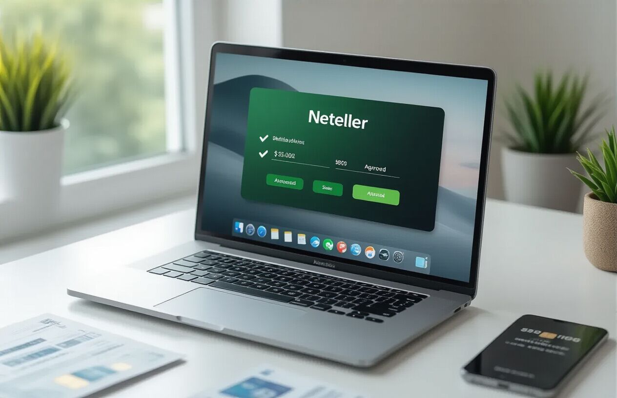 Create a realistic image of a sleek modern laptop displaying the Neteller digital wallet interface on screen with verification checkmarks and approved status badges visible, alongside a smartphone showing mobile banking notifications, placed on a clean white desk with subtle financial documents and a credit card partially visible, soft natural lighting from a window, professional business atmosphere, Absolutely NO text should be in the scene.