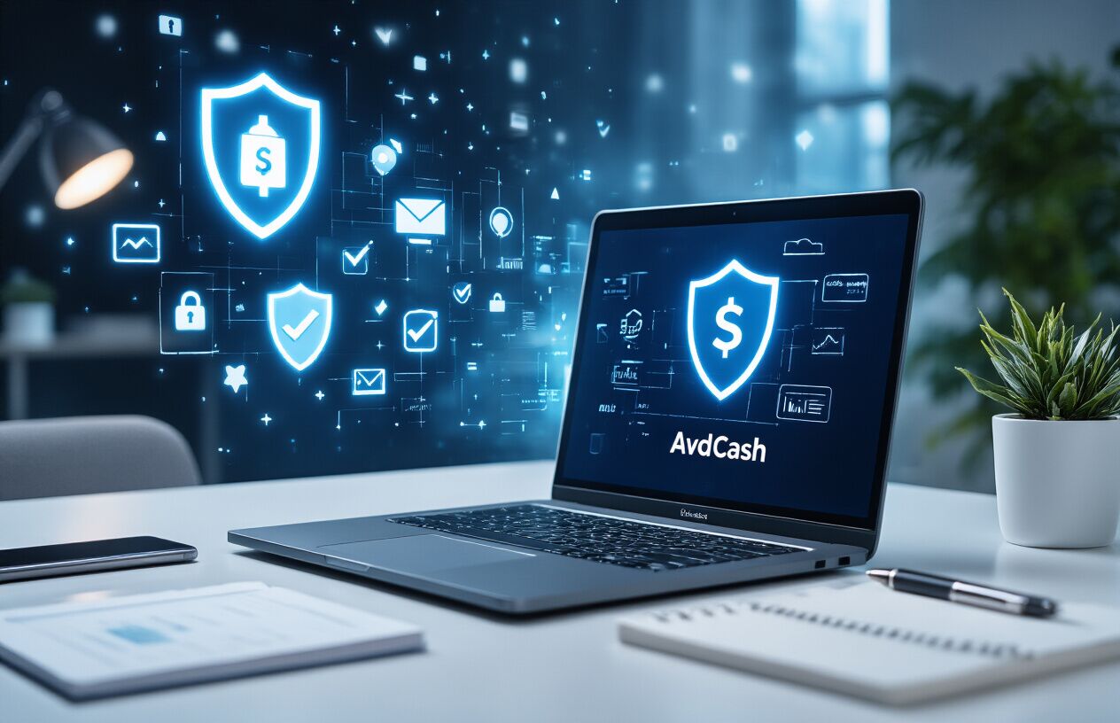Create a realistic image of a modern digital workspace featuring a sleek laptop computer displaying a secure online banking interface with AdvCash branding elements, surrounded by digital security symbols like shield icons and checkmarks floating subtly in the background, professional lighting casting a clean blue-white glow across a minimalist desk setup with a smartphone and notepad nearby, conveying trust and financial security in a contemporary office environment, absolutely NO text should be in the scene.