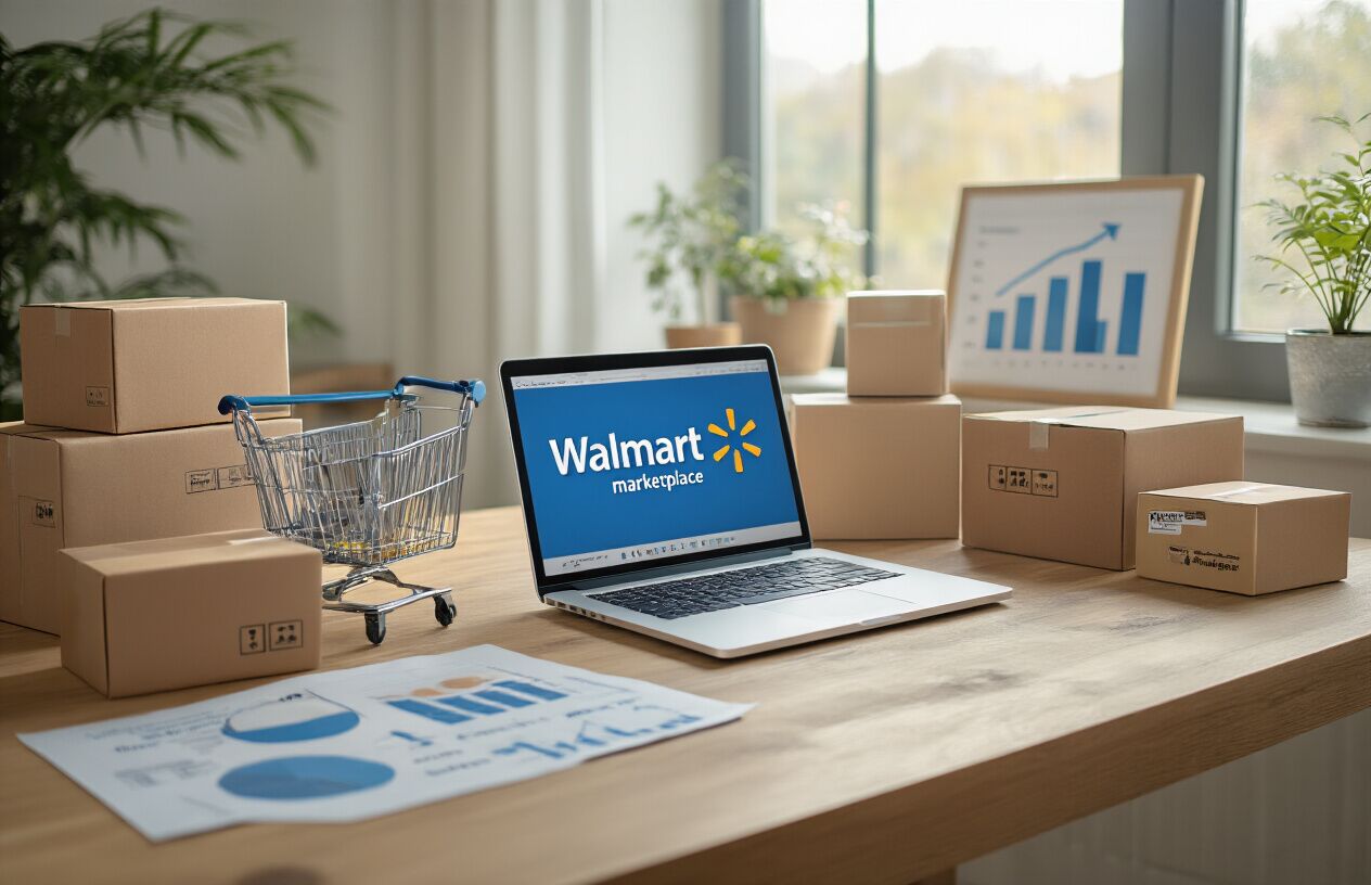 Create a realistic image of a professional business conclusion scene featuring a clean, modern workspace with a laptop displaying the Walmart marketplace interface, surrounded by successful e-commerce elements like shipping boxes, product packages, and growth charts on a wooden desk, with soft natural lighting from a window creating an optimistic and accomplished atmosphere, conveying the successful completion of a Walmart seller account acquisition journey, absolutely NO text should be in the scene.