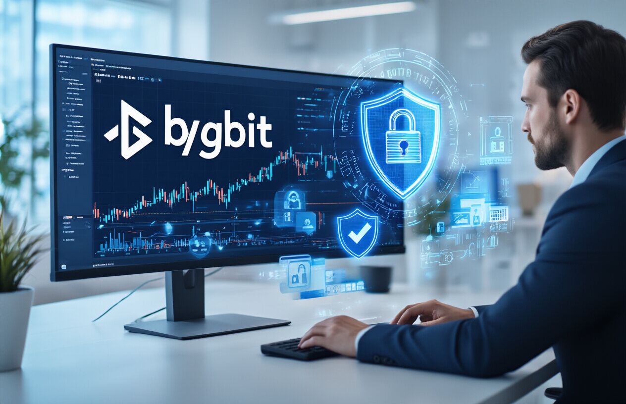 Create a realistic image of a modern computer setup showing the Bybit cryptocurrency trading platform interface on a large monitor screen, with a white male professional in business attire sitting at a sleek desk, verification checkmarks and security shield icons floating subtly in the foreground, surrounded by elements suggesting digital security like encrypted data streams and authentication symbols, set in a clean modern office environment with soft blue lighting that conveys trust and professionalism, absolutely NO text should be in the scene.