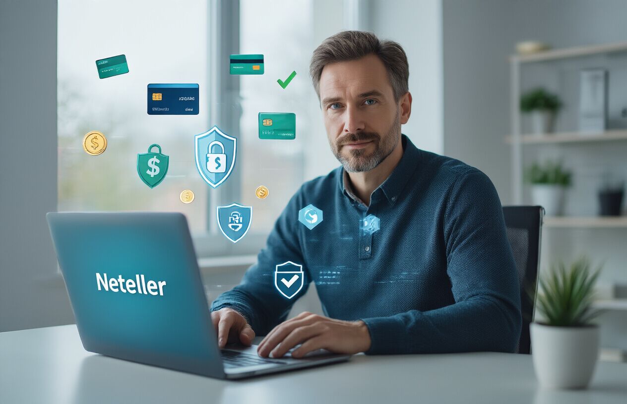 Create a realistic image of a professional white male sitting at a modern desk with a laptop computer displaying the Neteller logo on the screen, with digital payment icons floating around him including credit cards, security shields, and checkmarks, in a clean modern office environment with soft natural lighting from a window, conveying trust and financial security, with a subtle blue and green color scheme representing digital banking, absolutely NO text should be in the scene.