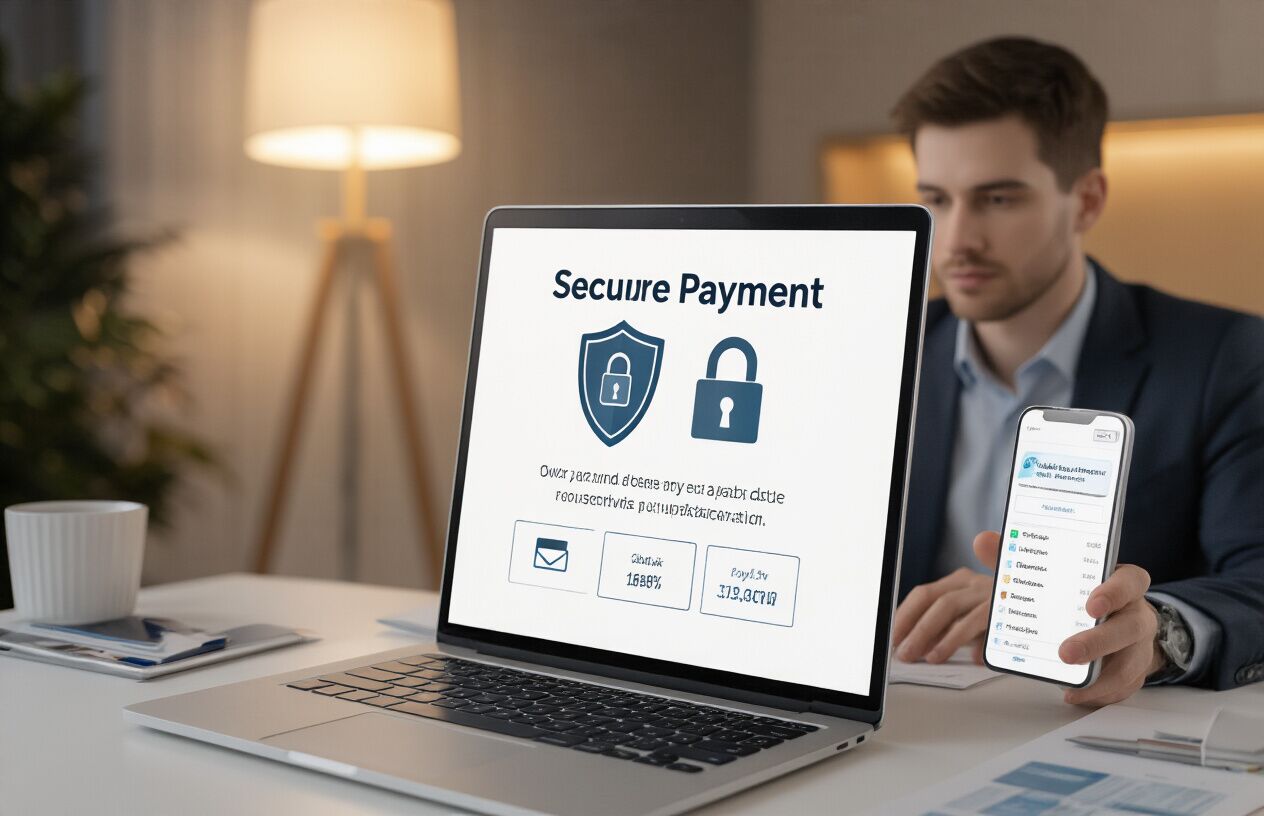 Create a realistic image of a modern laptop computer displaying a secure payment interface on the screen with shield and lock icons representing security, a white male professional in business attire sitting at a clean desk reviewing digital documents, with a smartphone showing banking app notifications nearby, warm office lighting creating a trustworthy atmosphere, emphasizing online financial safety and verification processes, absolutely NO text should be in the scene.