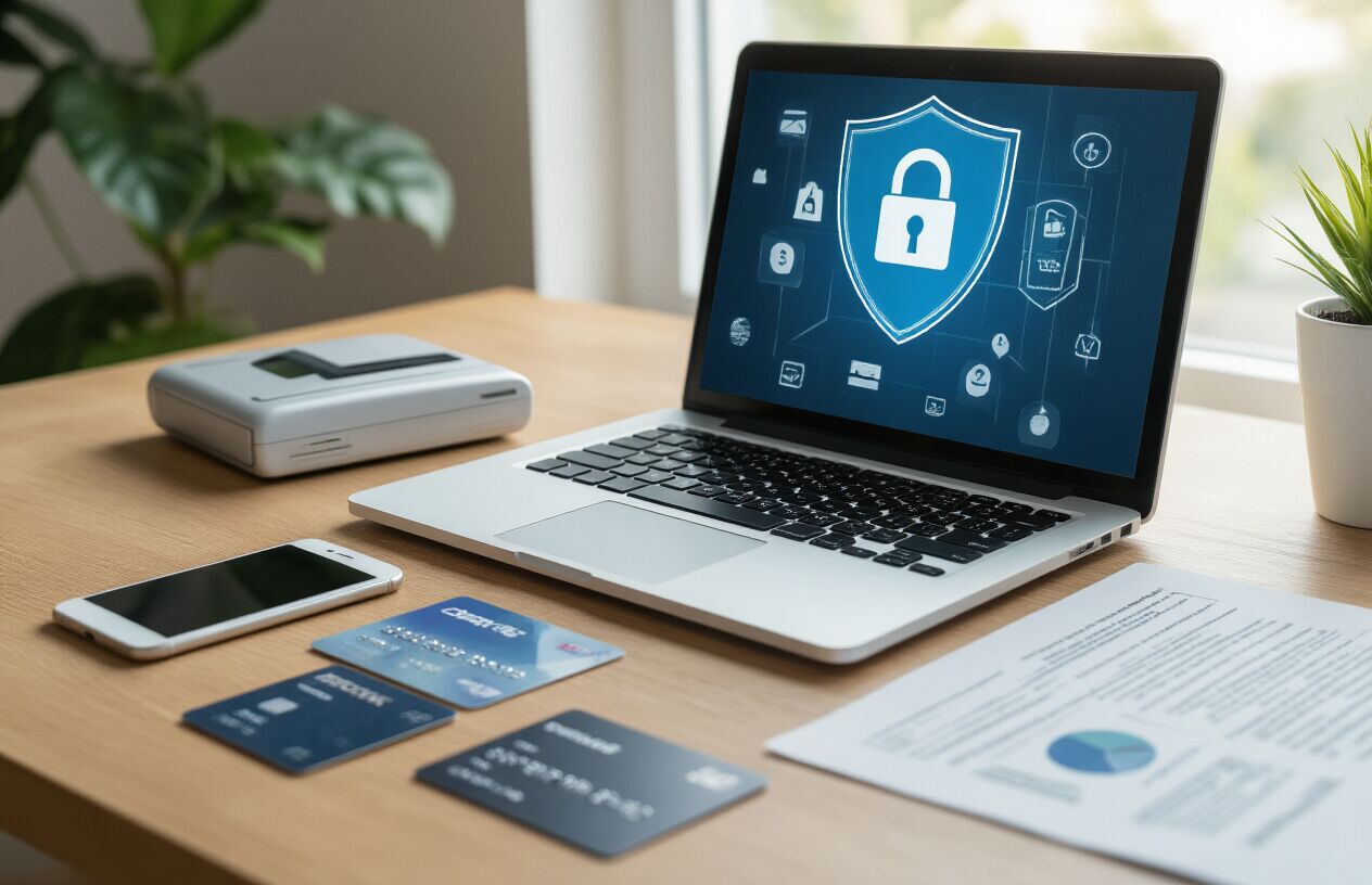 Create a realistic image of a secure digital transaction scene featuring a laptop computer displaying a payment gateway interface with security shield icons, credit cards placed nearby, a smartphone showing two-factor authentication codes, and official documents spread on a clean wooden desk, with soft natural lighting from a window creating a professional and trustworthy atmosphere, absolutely NO text should be in the scene.