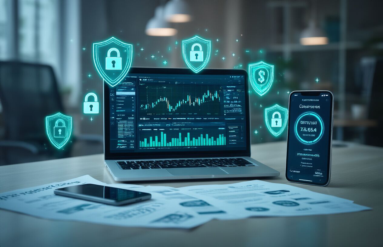 Create a realistic image of a modern computer workstation with multiple security elements including a laptop displaying cryptocurrency trading interfaces, digital security icons floating above the screen like shields and locks, a smartphone showing two-factor authentication codes, and security documents spread across a clean desk, with soft blue and green lighting suggesting trust and safety, in a professional office environment with a subtle background, absolutely NO text should be in the scene.